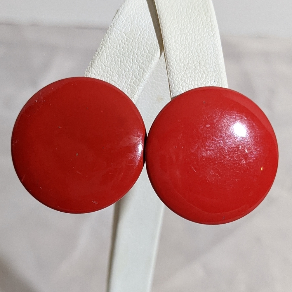 Vintage 80's Red Enamel Round Clip Earrings